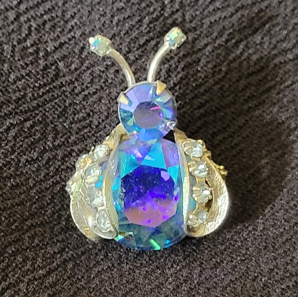 Beautiful Vintage Warner AB Blue Rhinestone Bug / Insect Brooch